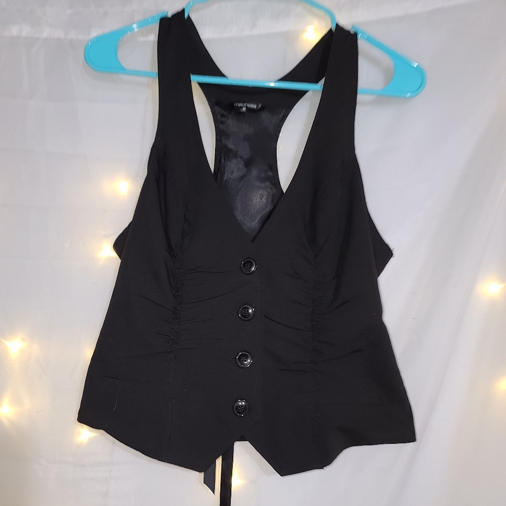 Womens Maurices black crop button up vest w tie.
